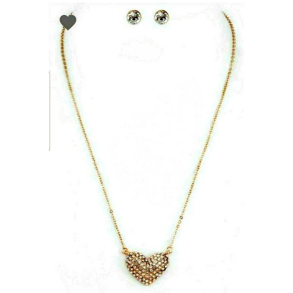 VALENTINES Heart Necklace and Earring Set Gold and CZ - Picture 2 of 3